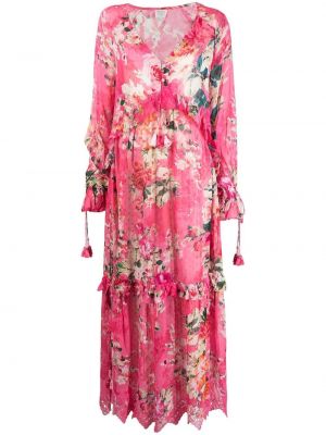 Květinové viskózové dlouhé šaty s výstřihem do v Hemant And Nandita - růžová