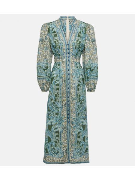 Ľanové midi šaty s paisley vzorom Zimmermann modrá