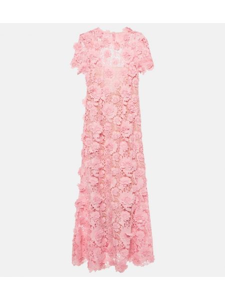 Midi haljina s cvjetnim printom s čipkom Oscar De La Renta ružičasta