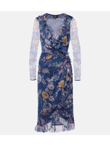 Svileni haljina na omot s cvjetnim printom Etro plava