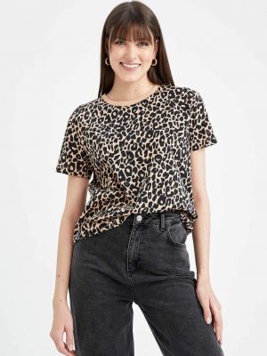 Тениска с леопардов принт с къс ръкав Defacto черно