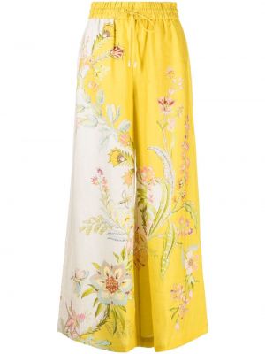 Lanene hlače s cvetličnim vzorcem s potiskom Alemais rumena