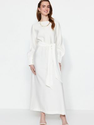 Λινή φόρεμα με φερμουάρ σε φαρδιά γραμμή Trendyol λευκό