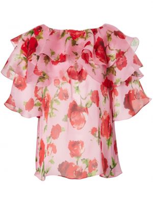 Копринена блуза на цветя с принт Carolina Herrera розово