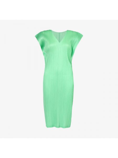 Плиссированное трикотажное платье миди с v-образным вырезом Pleats Please Issey Miyake зеленое