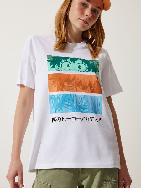 Oversize adīti t-krekls ar apdruku Happiness İstanbul balts
