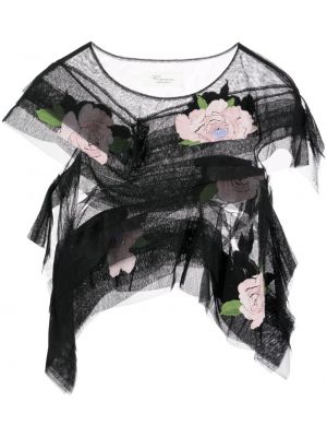 Gėlėtas marškinėliai iš tiulio Caroline Hu juoda