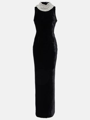 Sametové dlouhé šaty s perlami Balmain černé