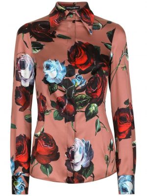 Svilena srajca s cvetličnim vzorcem s potiskom Dolce & Gabbana roza