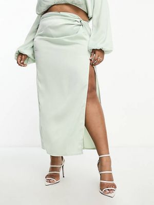 Атласная юбка с разрезом с драпировкой In The Style зеленая