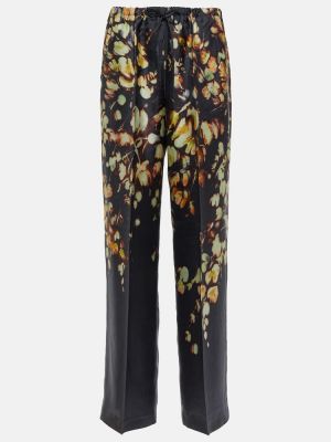 Pantaloni cu picior drept de mătase cu model floral cu croială lejeră Dries Van Noten negru
