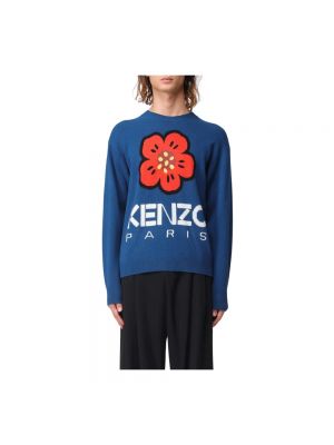 Niebieski sweter z wełny merino w kwiatki żakardowy Kenzo