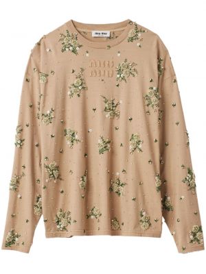 Hnědé květinové bavlněné tričko Miu Miu