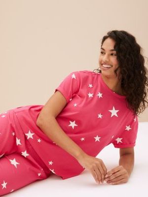 Womens M&S Collection Pure Cotton Star Print Cropped Pyjama Set -  Mix,  Mix M&s Collection - Różowy