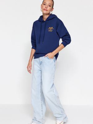 Dzianinowa haftowana bluza z kapturem polarowa Trendyol niebieska