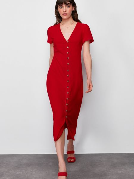 Pletena midi haljina s gumbima s v-izrezom Trendyol crvena