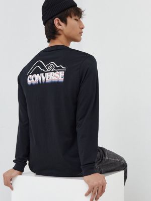 Bombažna majica z dolgimi rokavi z dolgimi rokavi Converse črna