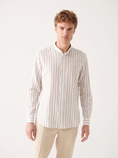 Βαμβακερό λινό πουκάμισο σε στενή γραμμή Avva μπεζ