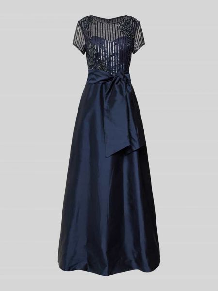 Haftowana sukienka wieczorowa w paski Vera Mont niebieska