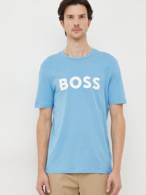 Памучна тениска с дълъг ръкав с принт Boss Orange синьо