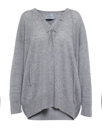 Čipkovaný kašmírový sveter Prada sivá