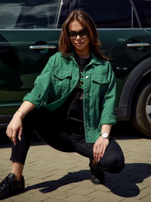 Kurtka jeansowa relaxed fit z kieszeniami Fasardi zielona
