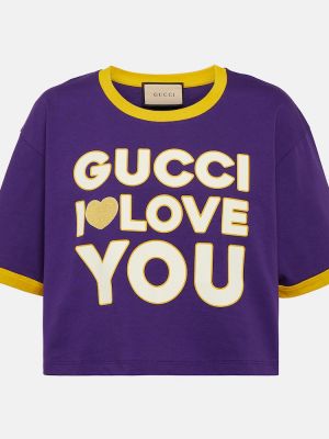 Памучна тениска с принт от джърси Gucci виолетово