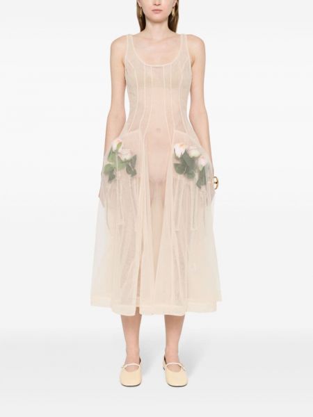 Gėlėtas midi suknele iš tiulio Simone Rocha smėlinė