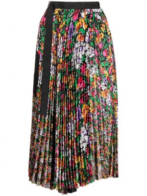 Květinové plisovaná sukně s vysokým pasem s potiskem Sacai - černá