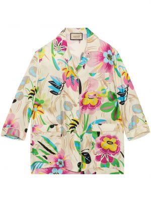 Копринена риза на цветя с принт Gucci бежово
