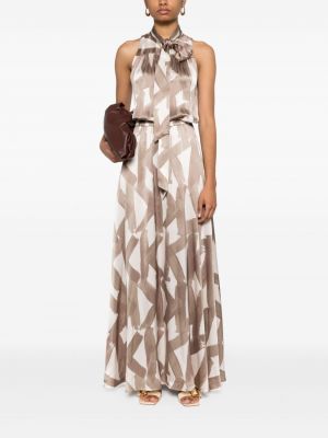 Hedvábné dlouhé šaty s potiskem s abstraktním vzorem Kiton hnědé