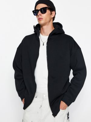 Pamučna hoodie s kapuljačom s patentnim zatvaračem Trendyol crna