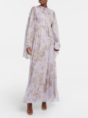 Jedwabna sukienka długa z nadrukiem Erdem fioletowa