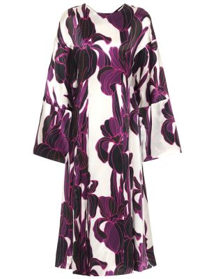 Jedwabna sukienka midi w kwiatki Dries Van Noten fioletowa