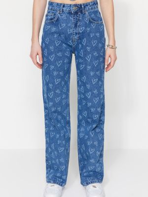 Voľné džínsy s vysokým pásom s potlačou Trendyol modrá