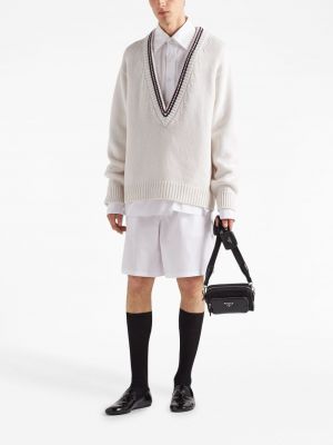 Sweter z kaszmiru z dekoltem w serek Prada biały