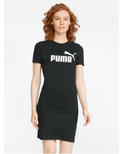 Bavlněné slim fit šaty s potiskem Puma - černá