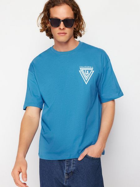 Pamučna polo majica s printom oversized Trendyol plava