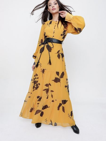 Rochie lunga cu nasturi din șifon cu model floral By Saygı galben