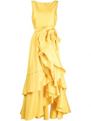 Коктейлна рокля на цветя с волани Badgley Mischka жълто