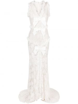 Krajkové květinové večerní šaty s mašlí Alessandra Rich bílé