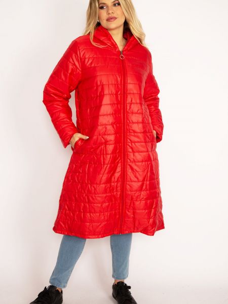 Ватирано палто с цип с джобове şans червено