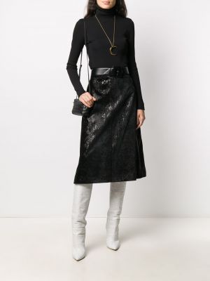 Falda midi de cuero de estampado de serpiente Saint Laurent negro