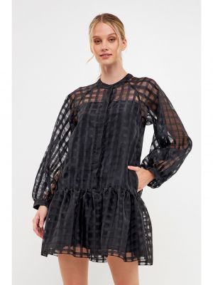 Клетчатое платье мини на пуговицах с длинным рукавом English Factory черное