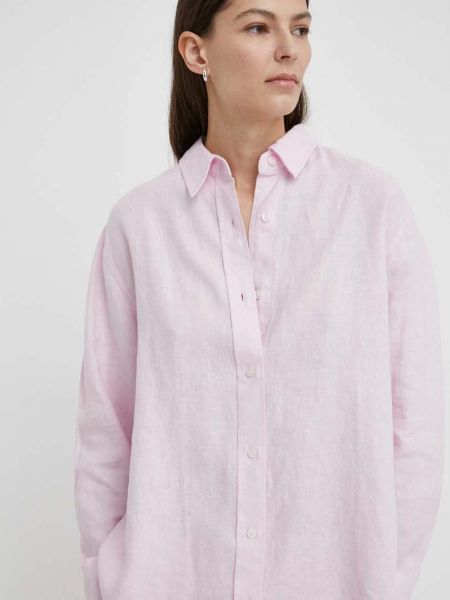 Lanena košulja bootcut Samsoe Samsoe ružičasta