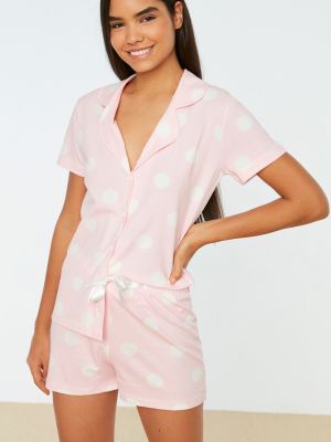 Bodkované pyžamo s potlačou Trendyol ružová