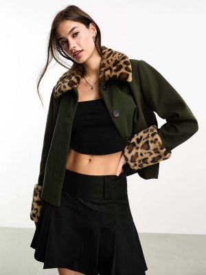 Леопардовая куртка с мехом Only хаки