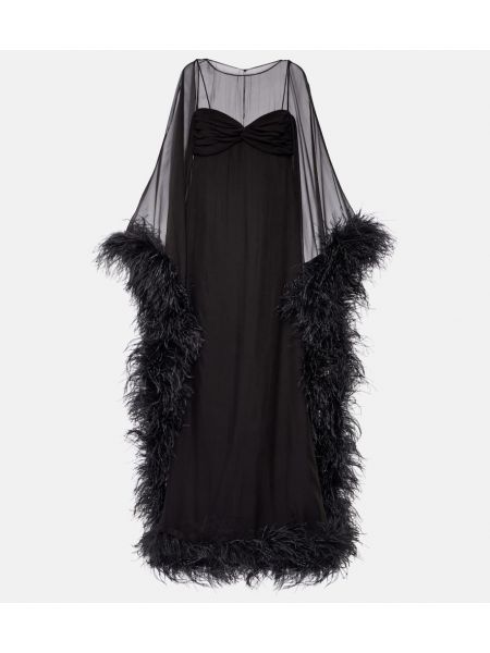 Jedwabna sukienka długa w piórka Valentino czarna