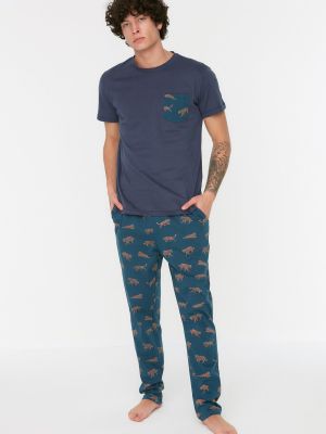 Kötött pizsama nyomtatás Trendyol kék