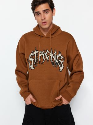 Flisas siuvinėtas džemperis su gobtuvu oversize Trendyol ruda